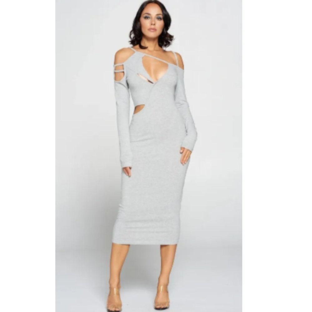 NWT Gray Long Sleeves Cut Out Strappy Heatherly Midi Dress
